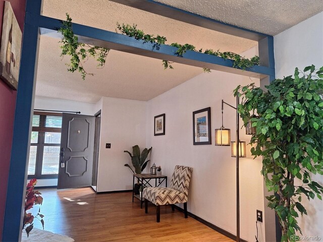 entrance foyer featuring light wood-style flooring, a textured ceiling, baseboards, and a baseboard radiator