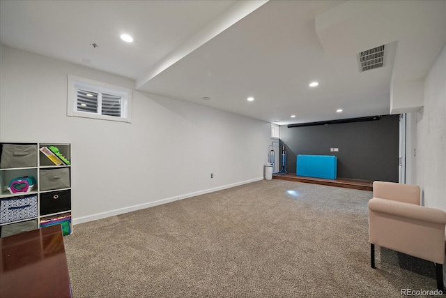 interior space featuring recessed lighting, baseboards, visible vents, and carpet flooring