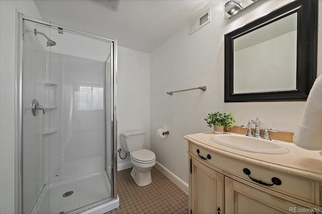 bathroom with toilet, a shower stall, visible vents, and tile patterned floors