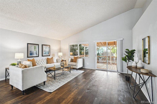 living room featuring dark hardwood / wood-style flooring, vaulted ceiling, and a textured ceiling