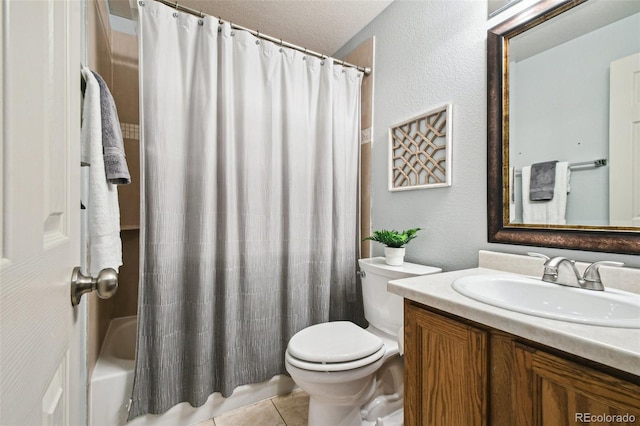 full bathroom featuring toilet, a textured ceiling, vanity, shower / bathtub combination with curtain, and tile patterned flooring