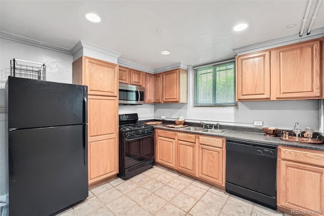 kitchen featuring black appliances, crown molding, dark countertops, light tile patterned floors, and a sink