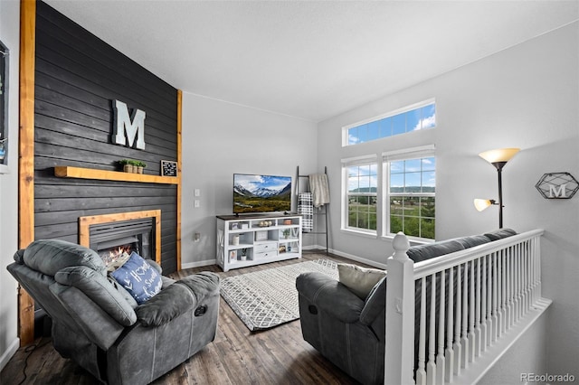 1464 Nemrick Pl, Castle Rock, CO 80109 - living room featuring wood finished floors, baseboards, and a large fireplace