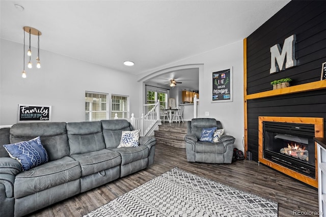 1464 Nemrick Pl, Castle Rock, CO 80109 - living room with wood finished floors, a fireplace, and ceiling fan