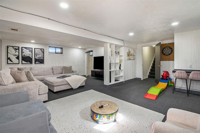 8895 E Radcliff Ave E, Denver, CO 80237 - living area featuring carpet flooring, recessed lighting, and stairs