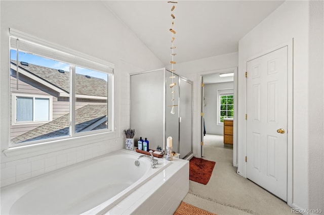6808 Silverleaf Ave, Firestone, CO 80504 - full bath with a bath, a stall shower, and vaulted ceiling