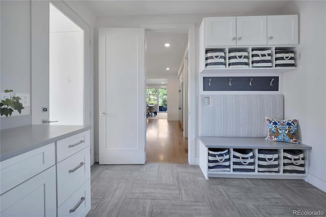 3450 S Cherry St, Denver, CO 80222 - mudroom featuring recessed lighting and parquet floors