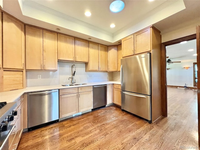 kitchen with crown molding, a tray ceiling, appliances with stainless steel finishes, and a sink