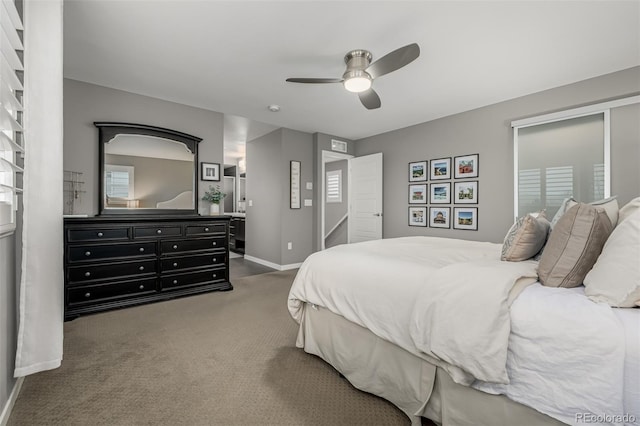 bedroom featuring carpet flooring, baseboards, and ceiling fan