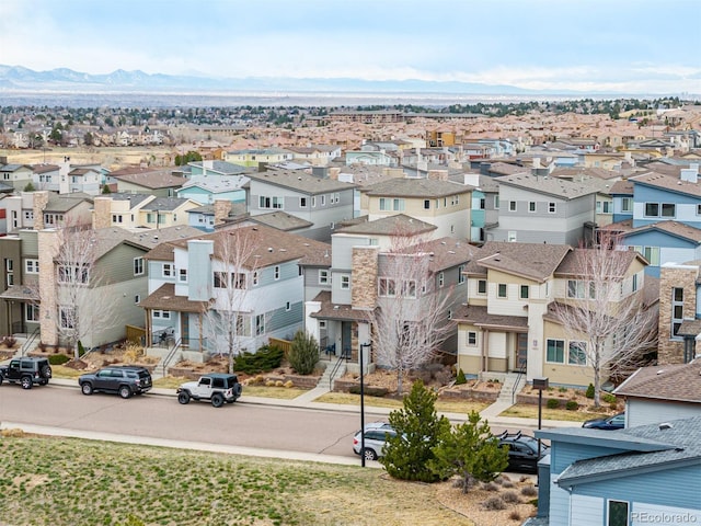 aerial view featuring a residential view and a mountain view