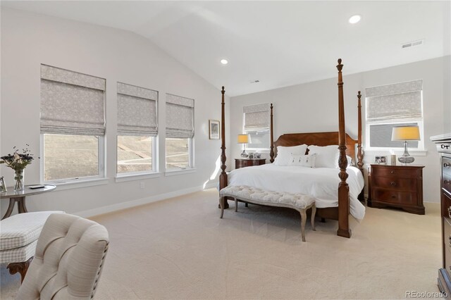 bedroom featuring lofted ceiling, recessed lighting, light colored carpet, visible vents, and baseboards