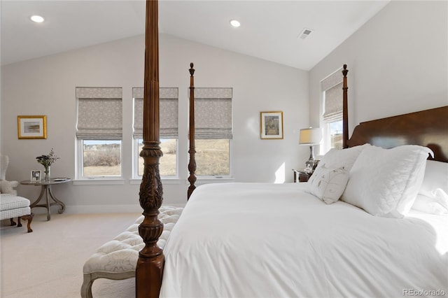 bedroom with lofted ceiling, visible vents, carpet flooring, and recessed lighting