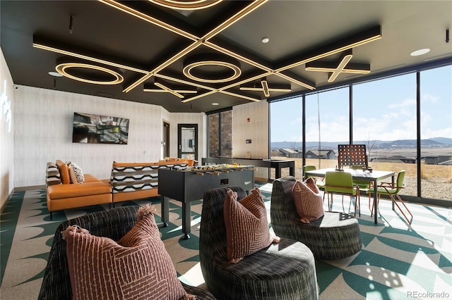 interior space with a mountain view