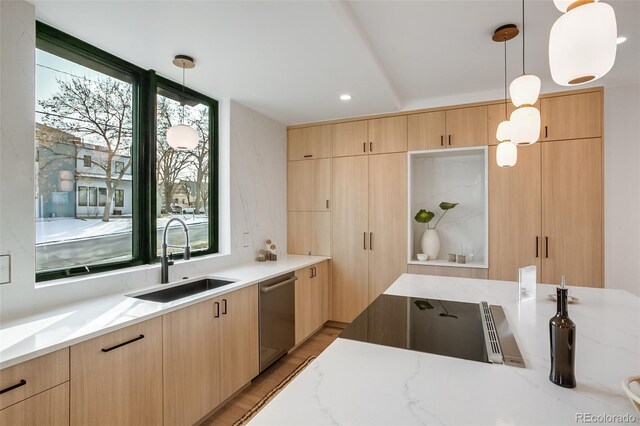 1459 W 42nd Ave, Denver, CO 80211 - kitchen featuring stainless steel dishwasher, a sink, light stone counters, and light brown cabinets