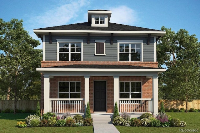 view of front of house featuring covered porch, brick siding, and fence