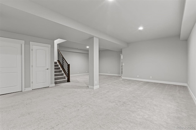 21204 E 63rd Dr, Aurora, CO 80019 - finished basement with stairway, baseboards, recessed lighting, and light carpet