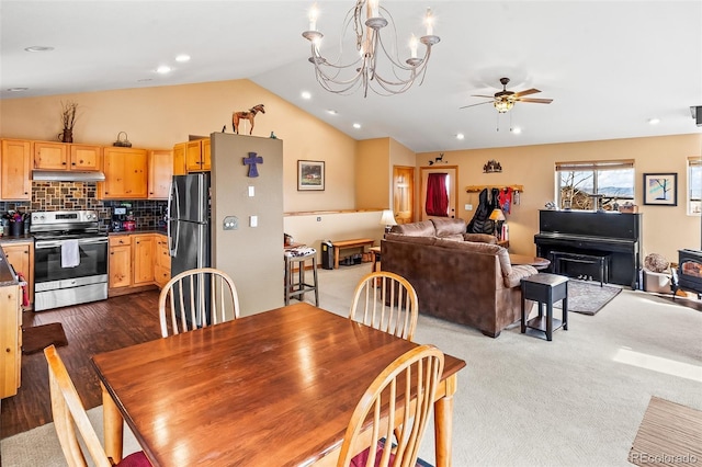 612 Sheep Ridge Rd, Fairplay, CO 80440 - dining area featuring a ceiling fan, lofted ceiling, a chandelier, recessed lighting, and dark wood-type flooring