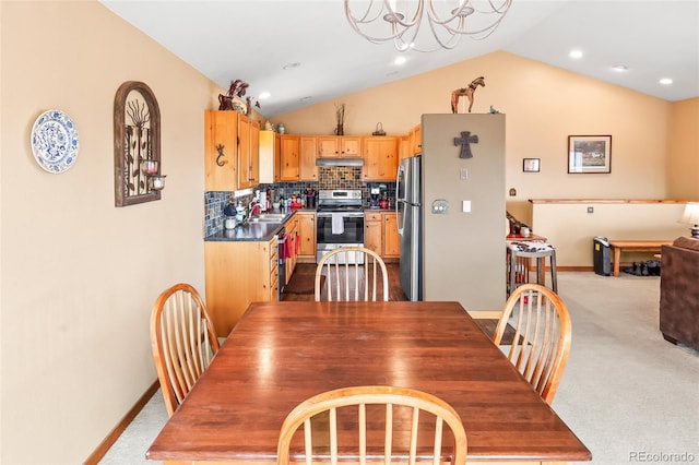 612 Sheep Ridge Rd, Fairplay, CO 80440 - carpeted dining space featuring lofted ceiling, a chandelier, and recessed lighting