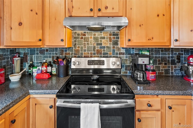 612 Sheep Ridge Rd, Fairplay, CO 80440 - kitchen with electric stove, under cabinet range hood, and decorative backsplash