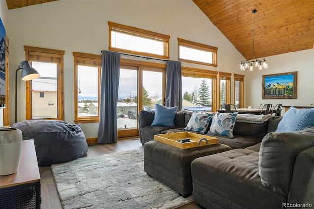 151 County Road 644, Grand Lake, CO 80447 - living area featuring high vaulted ceiling, wood finished floors, and wood ceiling
