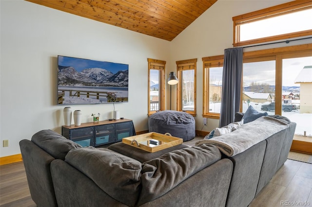 151 County Road 644, Grand Lake, CO 80447 - living room with wood finished floors, high vaulted ceiling, and wooden ceiling