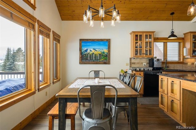 151 County Road 644, Grand Lake, CO 80447 - dining area featuring vaulted ceiling, dark wood finished floors, wooden ceiling, and a chandelier