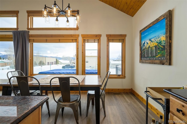 151 County Road 644, Grand Lake, CO 80447 - dining area with light wood-style floors, lofted ceiling, a chandelier, and wood ceiling