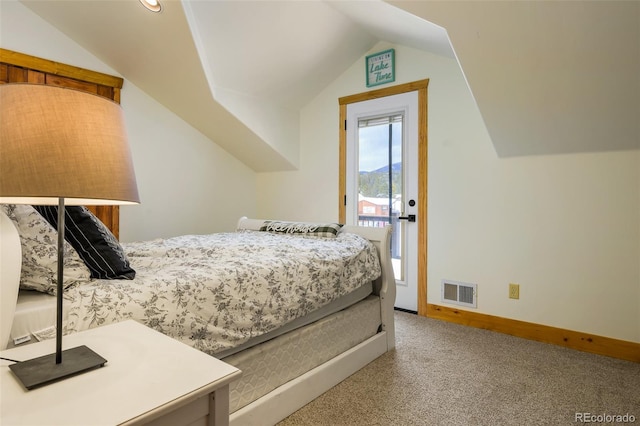 151 County Road 644, Grand Lake, CO 80447 - carpeted bedroom featuring lofted ceiling and access to exterior