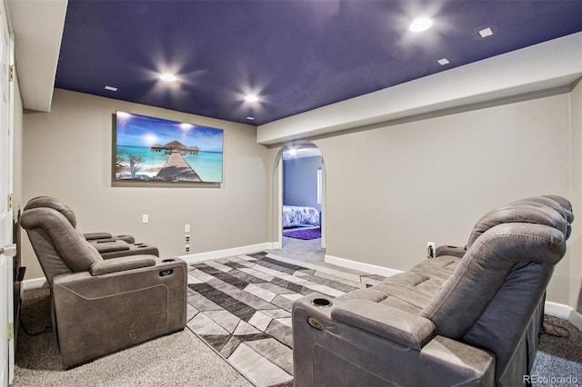 19677 E Vassar Dr, Aurora, CO 80013 - home theater room with arched walkways, recessed lighting, and carpet