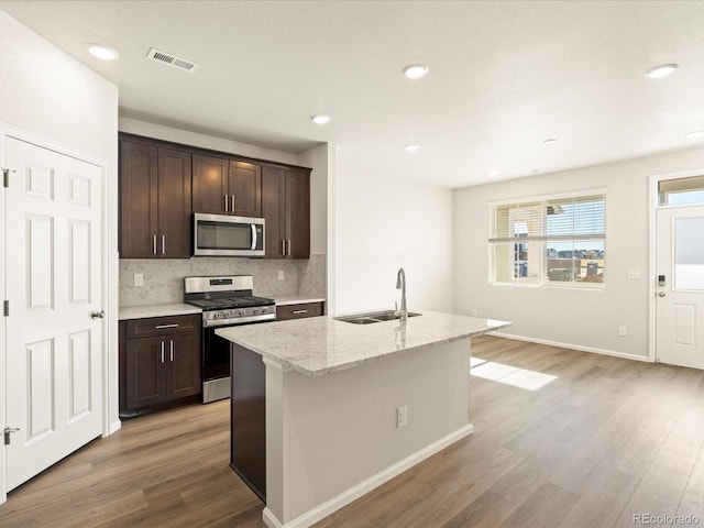 kitchen featuring light wood finished floors, visible vents, a sink, tasteful backsplash, and appliances with stainless steel finishes