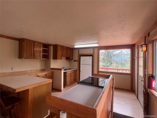 95 Appleby St, Bailey, CO 80421 - kitchen featuring freestanding refrigerator, tile counters, a textured ceiling, brown cabinets, and open shelves