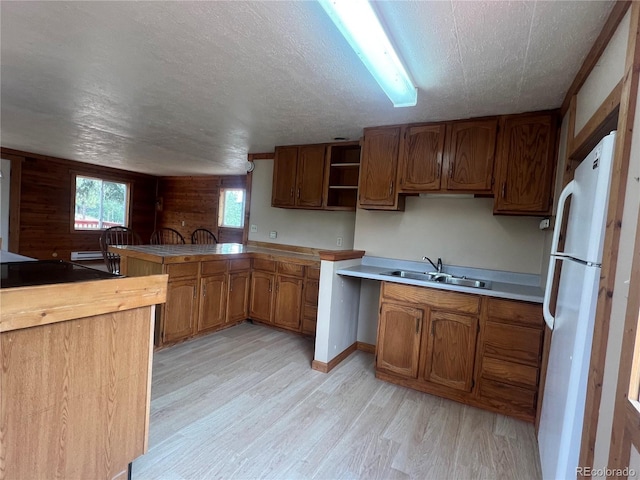 95 Appleby St, Bailey, CO 80421 - kitchen with freestanding refrigerator, light wood-style flooring, a peninsula, plenty of natural light, and a textured ceiling