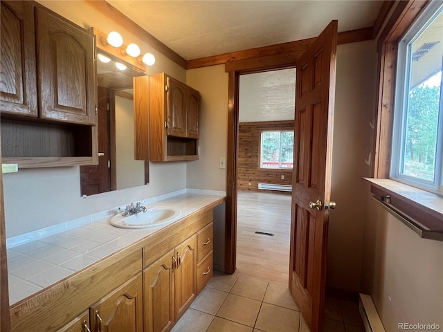 95 Appleby St, Bailey, CO 80421 - bathroom with baseboard heating, vanity, and tile patterned flooring