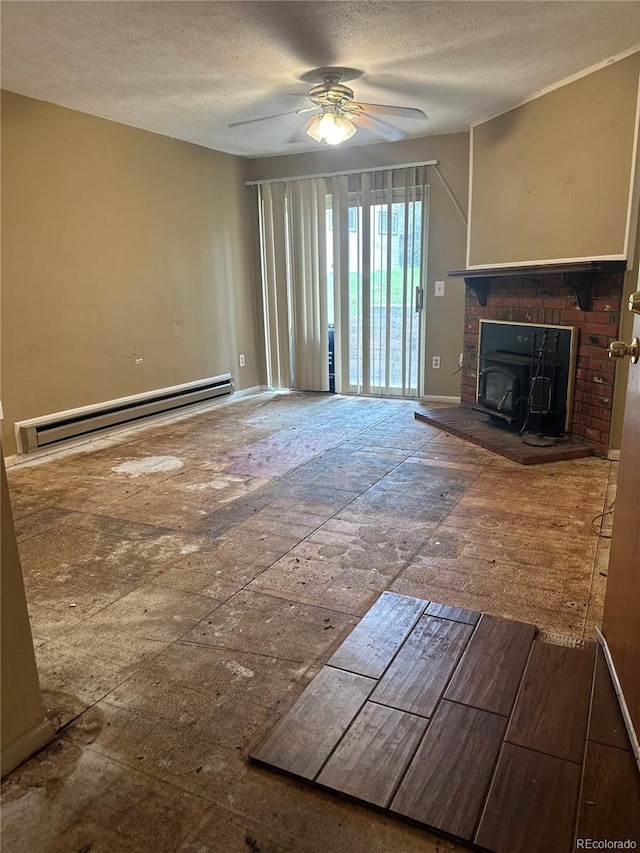 unfurnished living room with ceiling fan, a fireplace, a textured ceiling, and a baseboard radiator