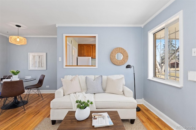 living room featuring ornamental molding, baseboards, and wood finished floors