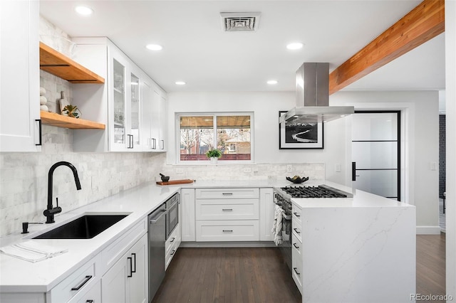 kitchen with island range hood, a peninsula, stainless steel appliances, open shelves, and a sink