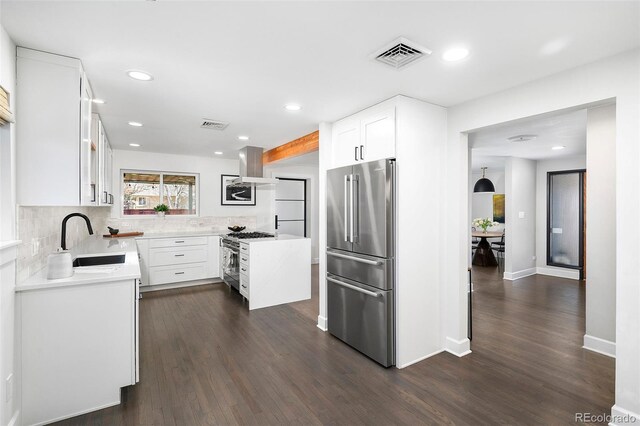 kitchen featuring premium appliances, a sink, visible vents, light countertops, and island exhaust hood