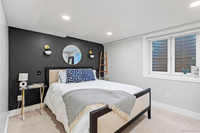 carpeted bedroom with recessed lighting and baseboards