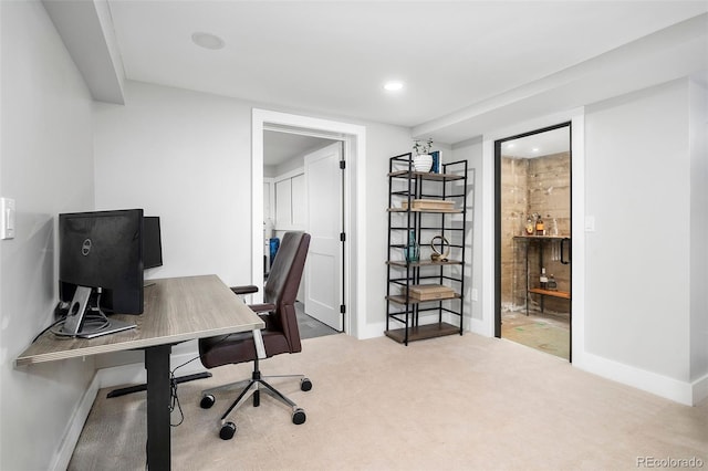 office area with recessed lighting, carpet, and baseboards