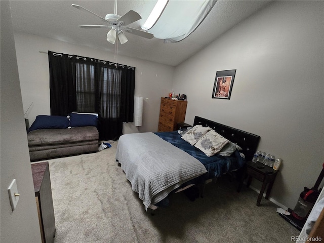 bedroom featuring carpet flooring, ceiling fan, and lofted ceiling