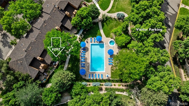 9400 E Iliff Ave Unit 292, Denver, CO 80231 - aerial view of property and surrounding area featuring a pool area and property parcel outlined