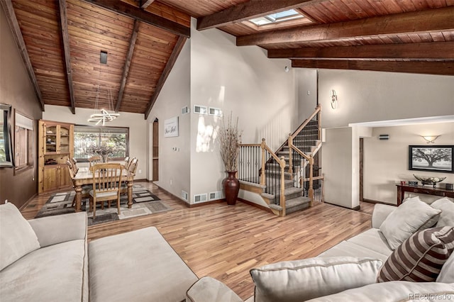6740 S Windermere St, Littleton, CO 80120 - living room with wooden ceiling with exposed beams, light wood-type flooring, stairway, baseboards, and arched walkways