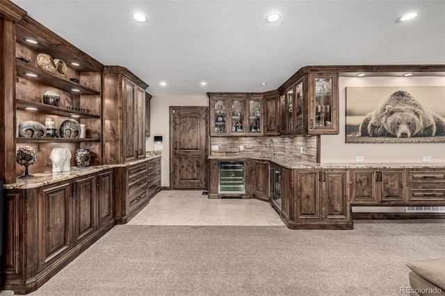 6740 S Windermere St, Littleton, CO 80120 - indoor wet bar featuring beverage cooler, recessed lighting, tasteful backsplash, light colored carpet, and light tile patterned floors