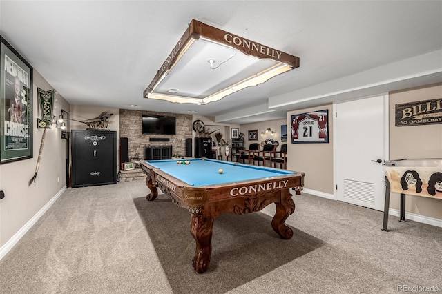 6740 S Windermere St, Littleton, CO 80120 - recreation room with carpet flooring, pool table, baseboards, and a fireplace