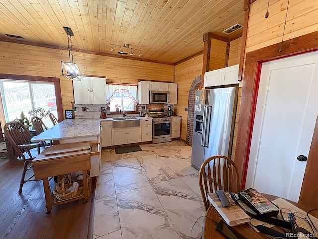 kitchen with premium appliances, visible vents, a sink, and wooden walls