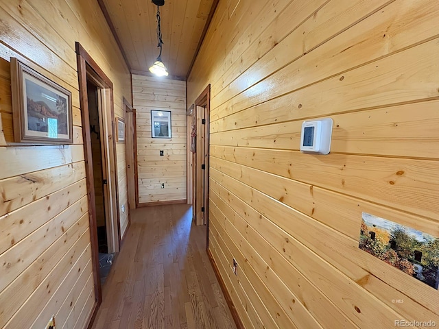 hall featuring wooden walls and dark wood-type flooring
