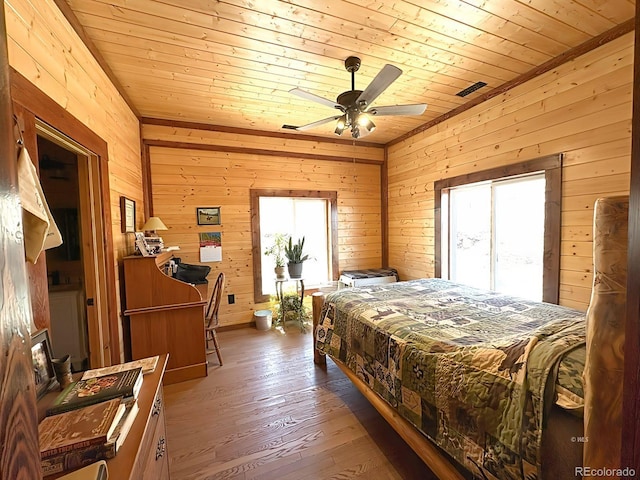 bedroom featuring multiple windows, wood ceiling, wooden walls, and hardwood / wood-style flooring