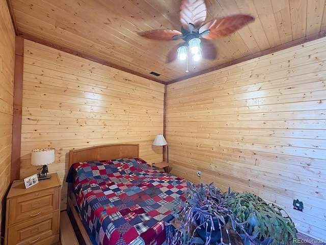 bedroom with ceiling fan, wood walls, and wood ceiling