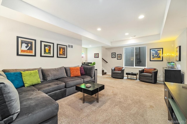 1882 W 67th Ave, Denver, CO 80221 - living area featuring stairs, carpet floors, recessed lighting, and a tray ceiling
