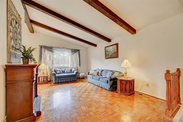 living room featuring light parquet flooring and vaulted ceiling with beams